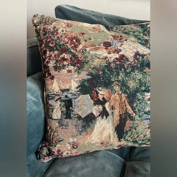 Vintage Tapestry Accent Throw Pillow Victorian Sail Boats Nautical - Picture 2 of 10